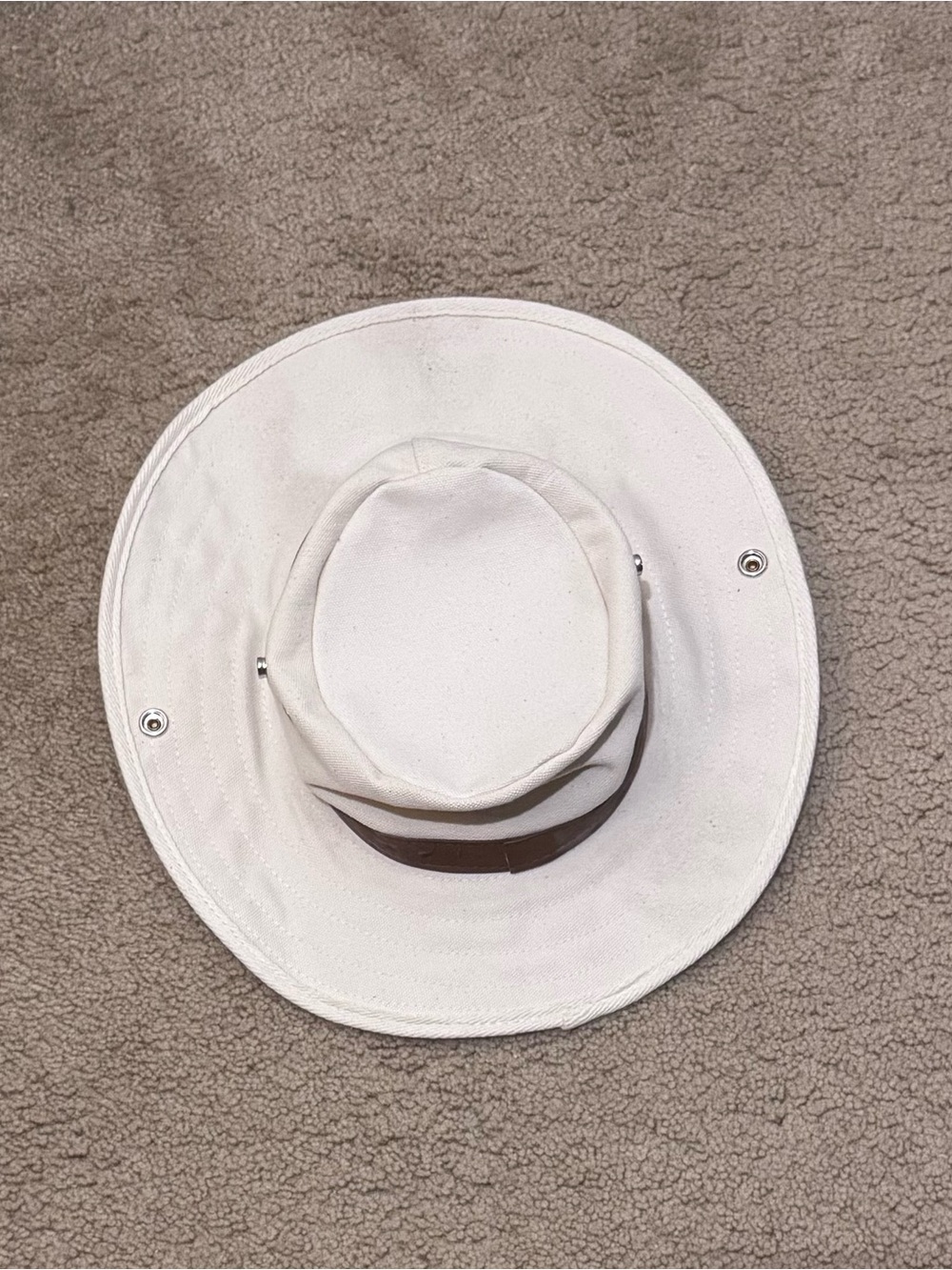 Off White Canvas Bucket Hat with Brown Band